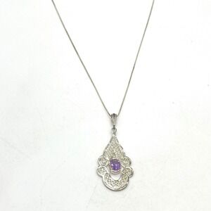 Sterling Silver Filigree Pendant Necklace Amethyst Oval Gemstone Long Chain